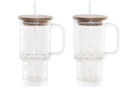 DKD Home Decor Set de 2 Tazas de Cristal Acacia Relieve Transparente 430ml