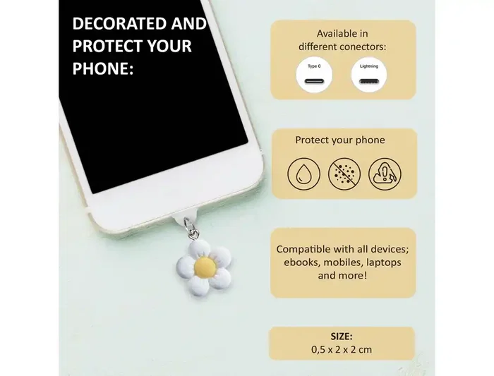 Wondee Charm Funny Protegepuertos Móvil con Colgante Floral Blanco para Tipo-C - Protección Contra Polvo y Decoración para Smartphone