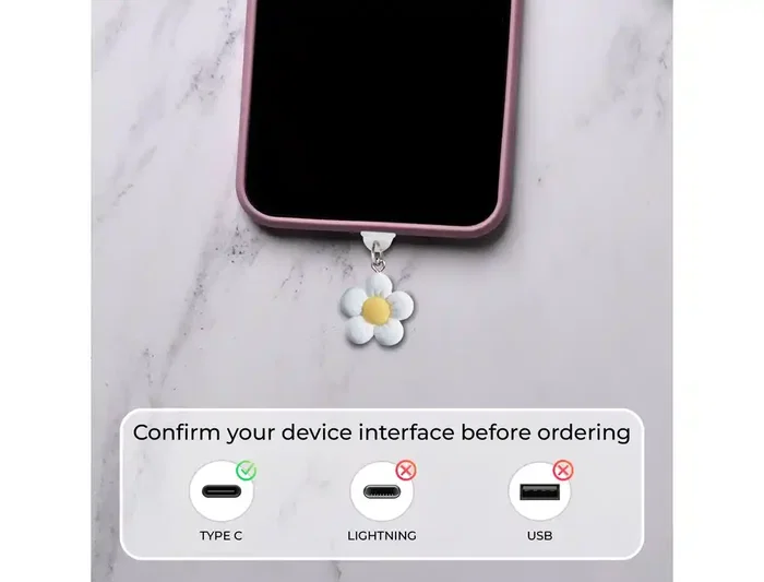 Wondee Charm Funny Protegepuertos Móvil con Colgante Floral Blanco para Tipo-C - Protección Contra Polvo y Decoración para Smartphone