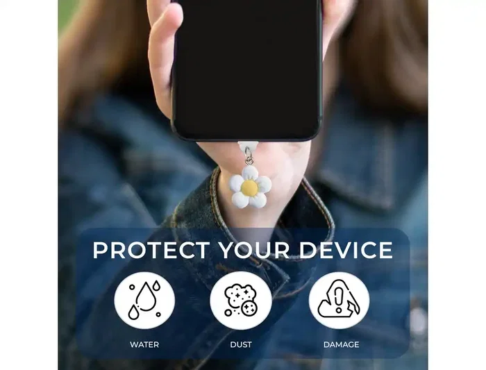 Wondee Charm Funny Protegepuertos Móvil con Colgante Floral Blanco para Tipo-C - Protección Contra Polvo y Decoración para Smartphone