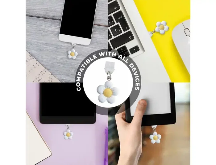Wondee Charm Funny Protegepuertos Móvil con Colgante Floral Blanco para Tipo-C - Protección Contra Polvo y Decoración para Smartphone
