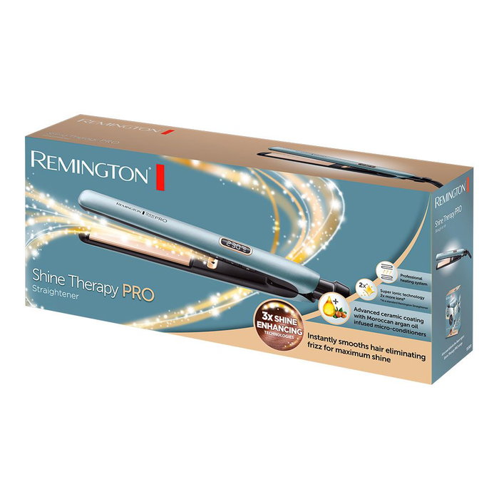 Remington Plancha de Pelo Shine Therapy Pro S9300 con Tecnología Superioriónica y Calentamiento Rápido en 15 Segundos, Placas de Cerámica Avanzada con Aceite de Argán, Color Azul