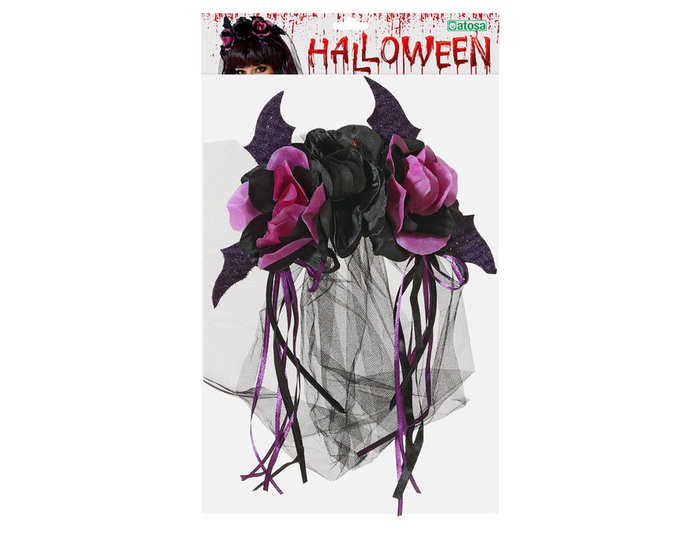 Diadema Halloween Rosas Púrpura Mujer Adulto con Velo Negro para Disfraces Góticos y Vampiresa