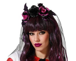 Diadema Halloween Rosas Púrpura Mujer Adulto con Velo Negro para Disfraces Góticos y Vampiresa