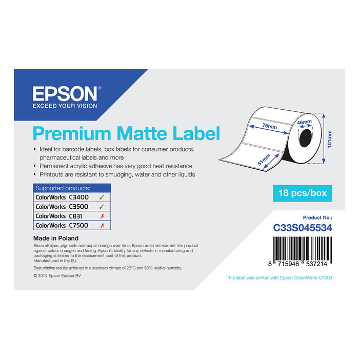 Epson Premium Matte Label 76 x 51 mm Blanco, 650 etiquetas Epson Premium Matte Label 76 x 51 mm Blanco, 650 etiquetas