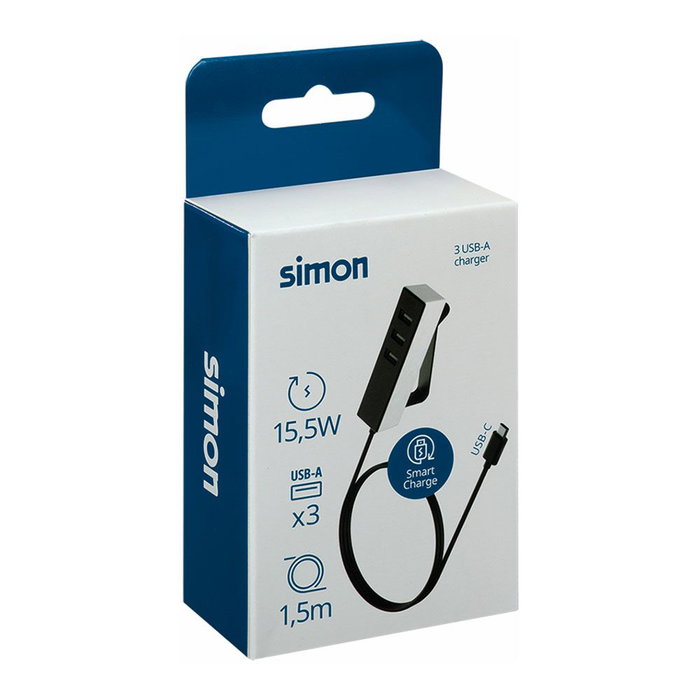 Simon - Adaptador USB C de 3 Puertos con Fijación - 3 Puertos USB A 9A Total, Cable USB C 1.5 m Negro - Adaptador USB Hub de Pared Simon - Adaptador USB C de 3 Puertos con Fijación - 3 Puertos USB A 9A Total, Cable USB C 1.5 m Negro - Adaptador USB Hub de Pared