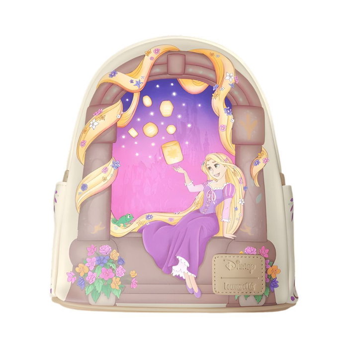 Loungefly Mochila Tangled Rapunzel Disney con escena de linternas Loungefly Mochila Tangled Rapunzel Disney con escena de linternas