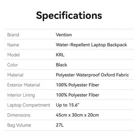 Vention KRLB0 Mochila impermeable para portátiles hasta 15.6" negra Vention KRLB0 Mochila impermeable para portátiles hasta 15.6" negra