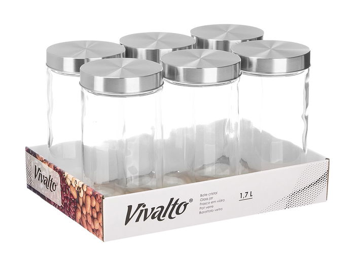 VIVALTO Tarro de Vidrio con Tapa de Acero, 1.7 L, Transparente, Dimensiones 11x22x11 cm (Set de 12)