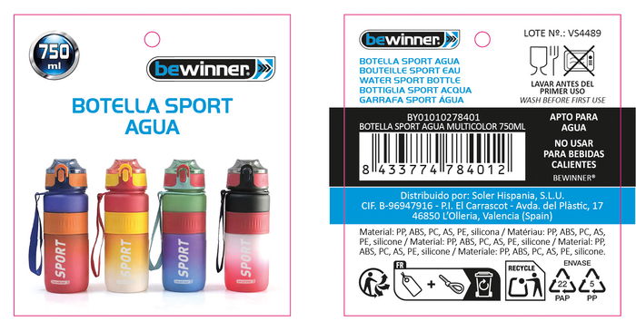 Inde Botella Sport Agua Multicolor 750Ml Bewinner (12 Unidades)