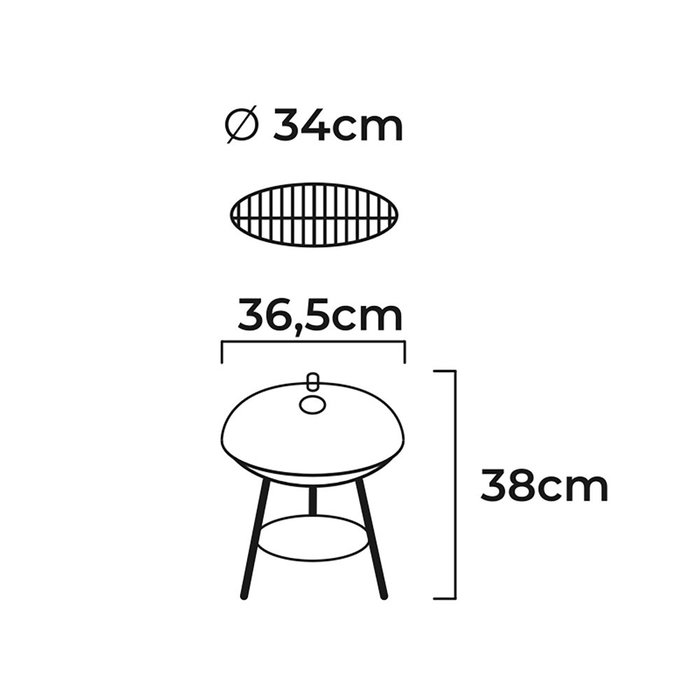 Gourmet Kitchen Barbacoa de Carbón 3 Patas, Metálica Acero Cromado Negro, Ø36 cm x 38 cm con Parrilla, Rejilla y Bandeja