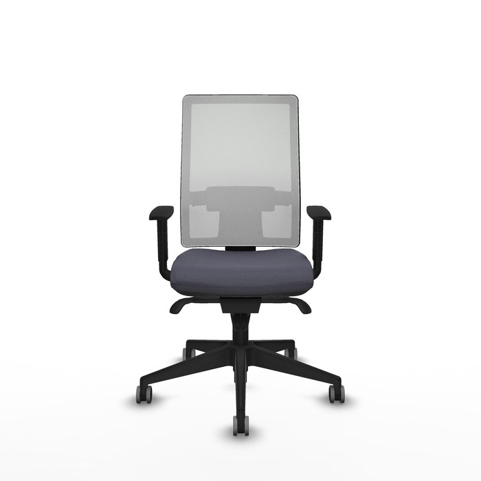 Silla de oficina Horna con mecanismo Sincro tapizada con Tela color Gris oscuro y malla color Blanco. Equipada con lumbar 1D, Brazos 1D y Ruedas 65 mm parqué