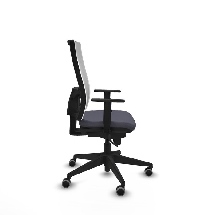 Silla de oficina Horna con mecanismo Sincro tapizada con Tela color Gris oscuro y malla color Blanco. Equipada con lumbar 1D, Brazos 1D y Ruedas 65 mm parqué
