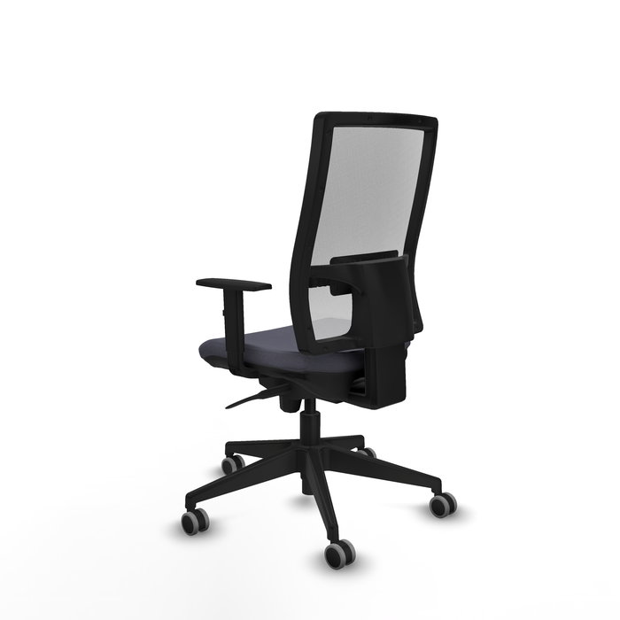 Silla de oficina Horna con mecanismo Sincro tapizada con Tela color Gris oscuro y malla color Blanco. Equipada con lumbar 1D, Brazos 1D y Ruedas 65 mm parqué