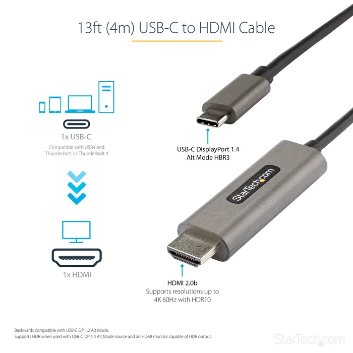 StarTech.com CDP2HDMM4MH Cable Adaptador USB-C Macho a HDMI Macho 4K Ultra HD 60Hz HDR10 4 Metros - Compatible con Thunderbolt 3, DisplayPort 1.4, HDCP 2.2, 7.1 Canales, Plug & Play
