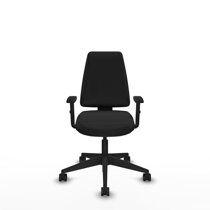Silla de oficina Elche con mecanismo Asincro tapizada con Similpiel color Negro. Equipada con Base piramidal negra, Brazos 1D y Ruedas 65mm nailon