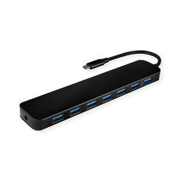 VALUE 14.99.5040 Hub USB 3.2 Gen 1 de 7 Puertos Tipo-A con Cable Tipo-C de 0.1m, Transferencia 5000 Mbit/s, Color Negro, Carcasa de Aluminio