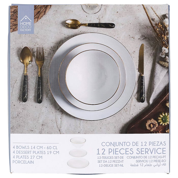 Home Deco Factory Vajilla Erina Porcelana 12 Piezas Ribete Dorado Colección Natural