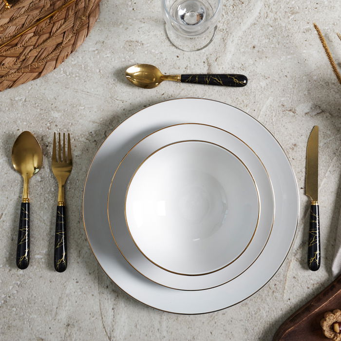 Home Deco Factory Vajilla Erina Porcelana 12 Piezas Ribete Dorado Colección Natural