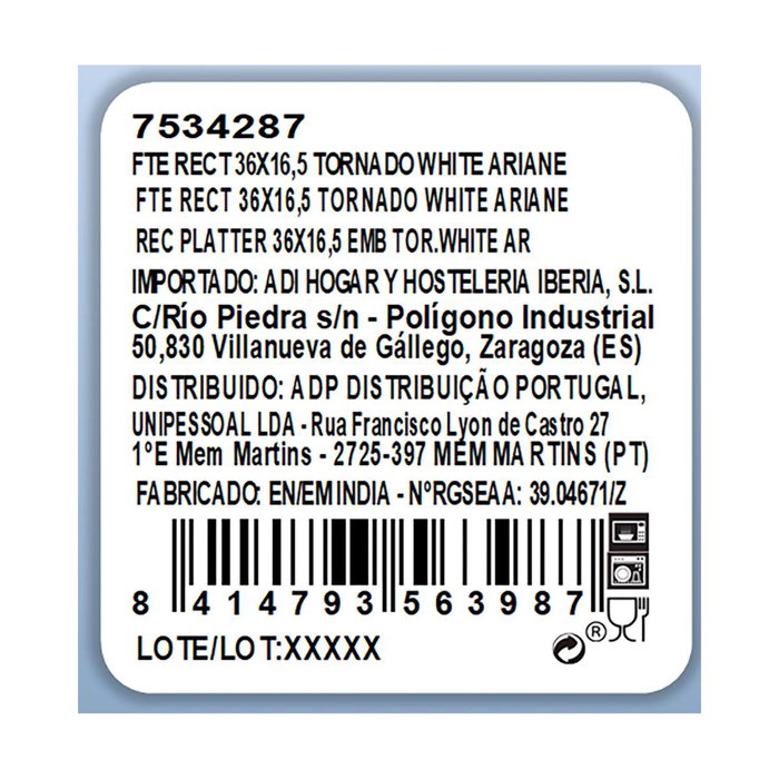 Fuente Rectangular Porcelana Tornado White Ariane 36x16,5 cm Fuente Rectangular Porcelana Tornado White Ariane 36x16,5 cm