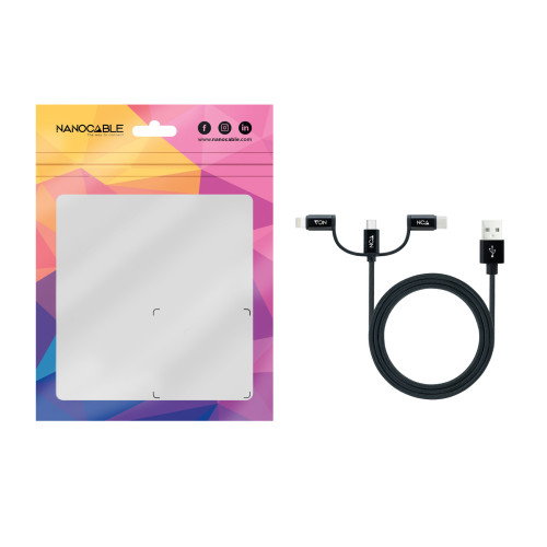 Nanocable Cable USB 3 en 1 Carga/Datos USB-A a USB-C/Micro USB/Lightning, 1 m, Negro Nanocable Cable USB 3 en 1 Carga/Datos USB-A a USB-C/Micro USB/Lightning, 1 m, Negro