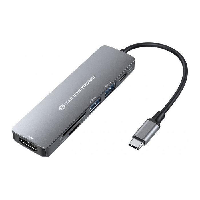 Conceptronic DONN11G Adaptador 6 en 1 USB-C a HDMI, USB-A y Lectores de Tarjetas, Gris