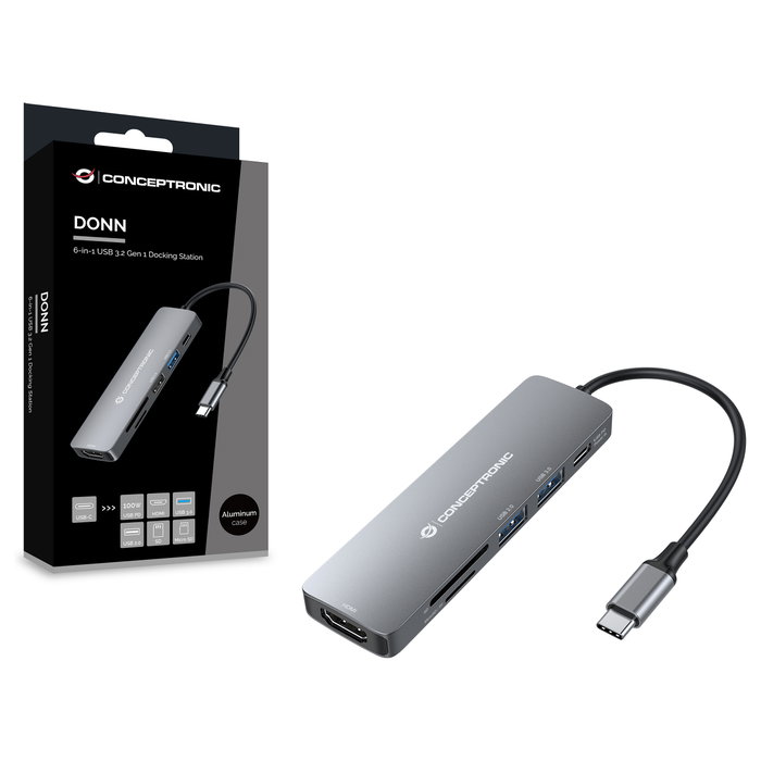 Conceptronic DONN11G Adaptador 6 en 1 USB-C a HDMI, USB-A y Lectores de Tarjetas, Gris