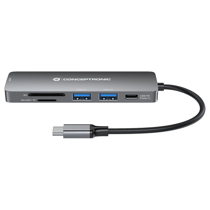 Conceptronic DONN11G Adaptador 6 en 1 USB-C a HDMI, USB-A y Lectores de Tarjetas, Gris