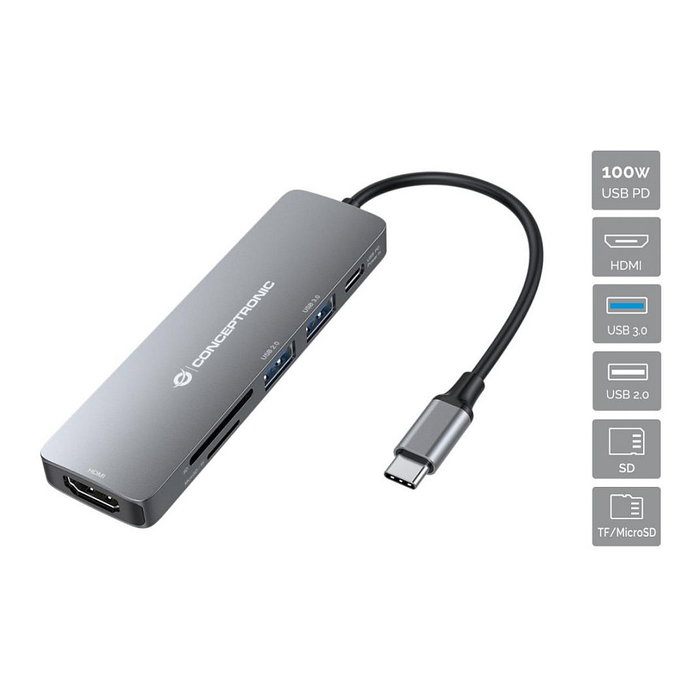 Conceptronic DONN11G Adaptador 6 en 1 USB-C a HDMI, USB-A y Lectores de Tarjetas, Gris