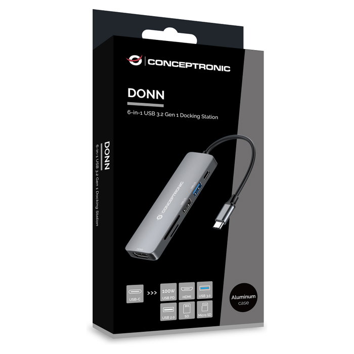 Conceptronic DONN11G Adaptador 6 en 1 USB-C a HDMI, USB-A y Lectores de Tarjetas, Gris