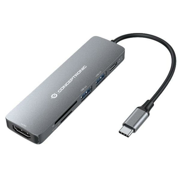 Conceptronic DONN11G Adaptador 6 en 1 USB-C a HDMI, USB-A y Lectores de Tarjetas, Gris