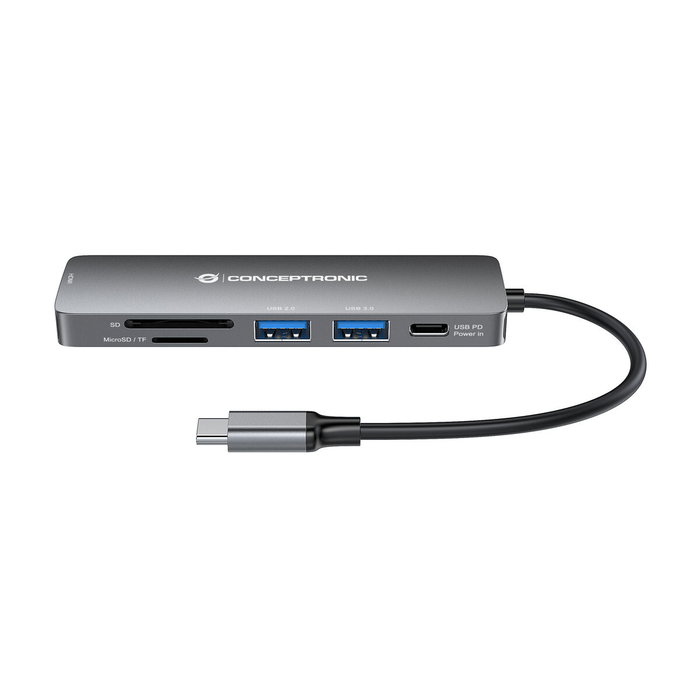 Conceptronic DONN11G Adaptador 6 en 1 USB-C a HDMI, USB-A y Lectores de Tarjetas, Gris