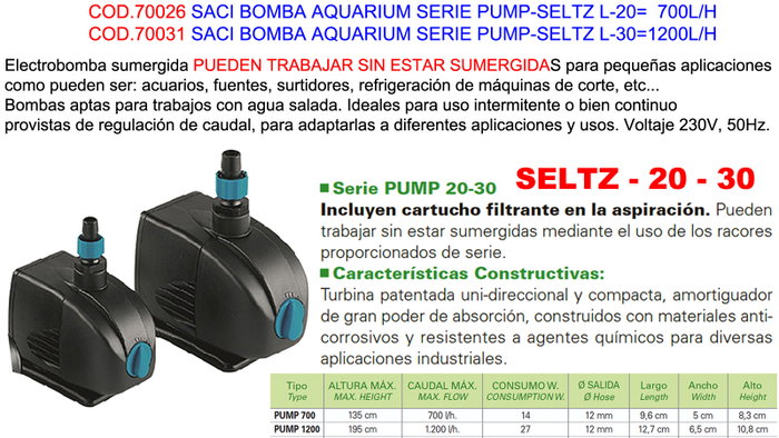 SACI Bomba Aquarium Serie Pump-Seltz L-20 700L/H SACI Bomba Aquarium Serie Pump-Seltz L-20 700L/H
