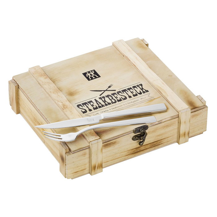 Zwilling Steakbesteckset 07150-359-0, 12 Piezas en Caja de Madera - 6 Cuchillos y 6 Tenedores para Carne, Acero Inoxidable, apto Lavavajillas