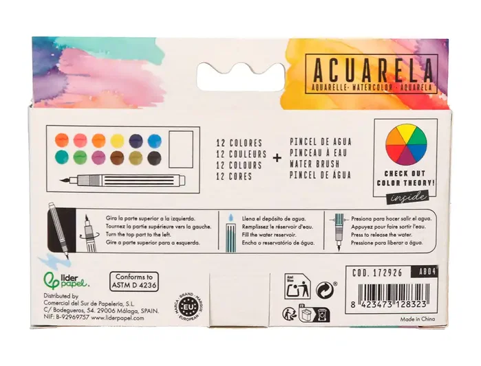 Liderpapel Acuarela 12 colores con pincel de agua rellenable y esponja