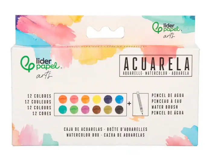 Liderpapel Acuarela 12 colores con pincel de agua rellenable y esponja