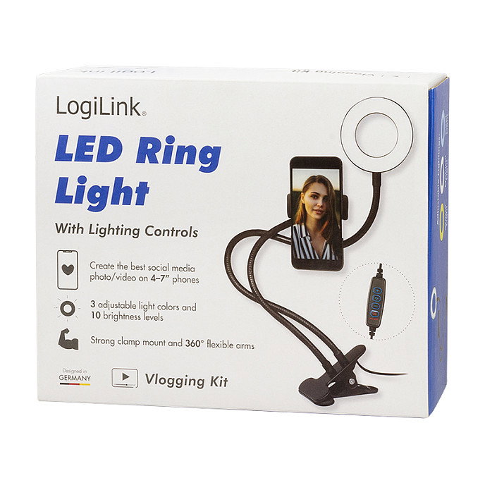 LogiLink AA0150 Anillo de Luz LED para Smartphone con Soporte, 17.8 cm (7"), 10 W, Negro