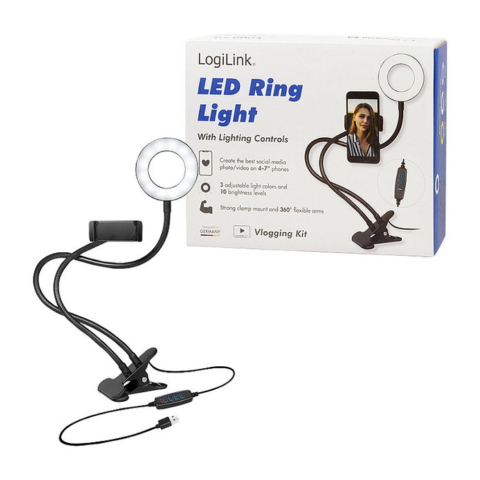 LogiLink AA0150 Anillo de Luz LED para Smartphone con Soporte, 17.8 cm (7"), 10 W, Negro
