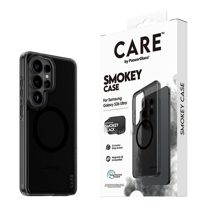PanzerGlass CARE Urban Explorer Case Smokey - Funda TPU Negro con Carga Qi para Samsung Galaxy S26 Ultra