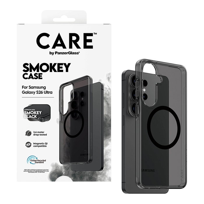 PanzerGlass CARE Urban Explorer Case Smokey - Funda TPU Negro con Carga Qi para Samsung Galaxy S26 Ultra