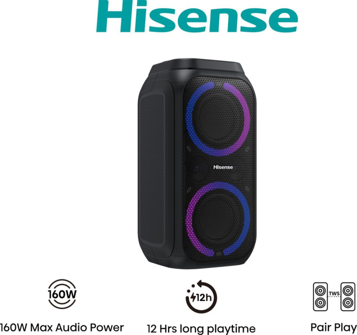 Hisense Party Rocket 160 Altavoz para fiestas portátil 160 W Negro IPX4 Bluetooth 12 h batería