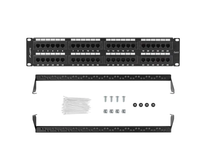 Lanberg PPU6-2048-B Patch Panel de Bastidor 2U 19", 48 Puertos RJ45, Categoría 6 (Cat6), Color Negro