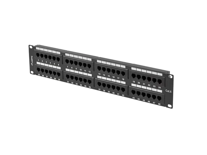 Lanberg PPU6-2048-B Patch Panel de Bastidor 2U 19", 48 Puertos RJ45, Categoría 6 (Cat6), Color Negro