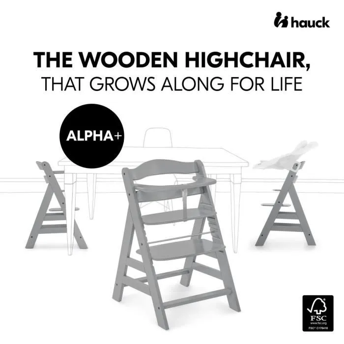 Hauck Silla Alta de Madera Escalable Alpha + / Gris para Bebé y Niños, Arnés 5 Puntos, Estante Extraíble, Desde 6 Meses hasta 90 Kg