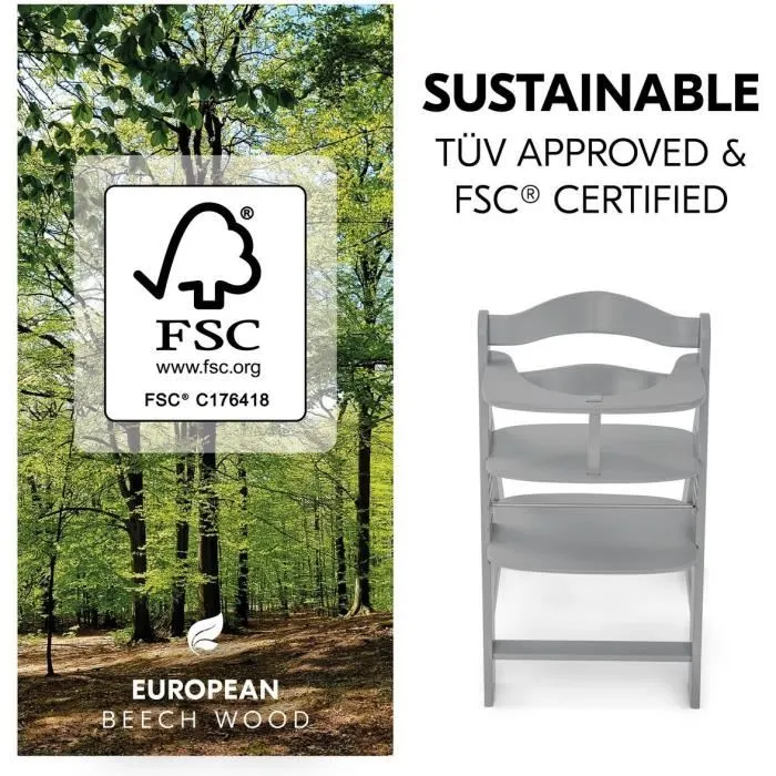 Hauck Silla Alta de Madera Escalable Alpha + / Gris para Bebé y Niños, Arnés 5 Puntos, Estante Extraíble, Desde 6 Meses hasta 90 Kg