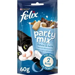 Purina Felix Party Mix Delicias de Leche - Snacks para Gato sabor a Leche, Yogur y Queso, con Proteínas, Vitaminas y Omega 6, 8 bolsitas de 60g