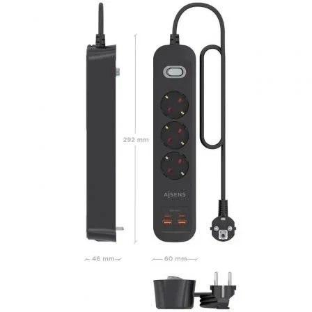 Aisens ASPS-2A2C11-BK Regleta Multifunción con Interruptor, 3 Tomas Schuko, 2 Puertos USB-C y 2 USB-A, Cargador PD 3.0 20W, 1.4 m, Negro