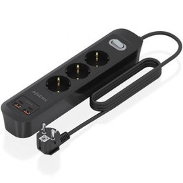 Aisens ASPS-2A2C11-BK Regleta Multifunción con Interruptor, 3 Tomas Schuko, 2 Puertos USB-C y 2 USB-A, Cargador PD 3.0 20W, 1.4 m, Negro