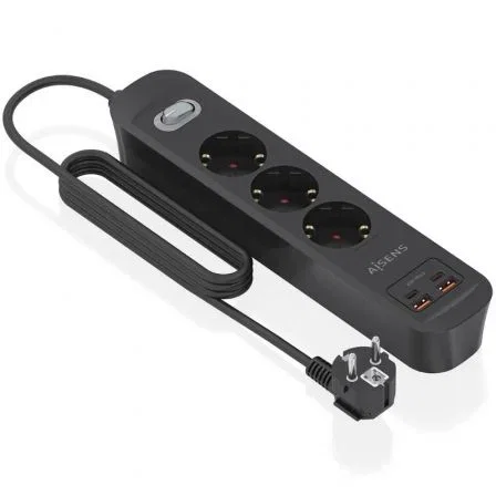 Aisens ASPS-2A2C11-BK Regleta Multifunción con Interruptor, 3 Tomas Schuko, 2 Puertos USB-C y 2 USB-A, Cargador PD 3.0 20W, 1.4 m, Negro