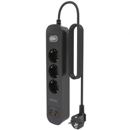 Aisens ASPS-2A2C11-BK Regleta Multifunción con Interruptor, 3 Tomas Schuko, 2 Puertos USB-C y 2 USB-A, Cargador PD 3.0 20W, 1.4 m, Negro